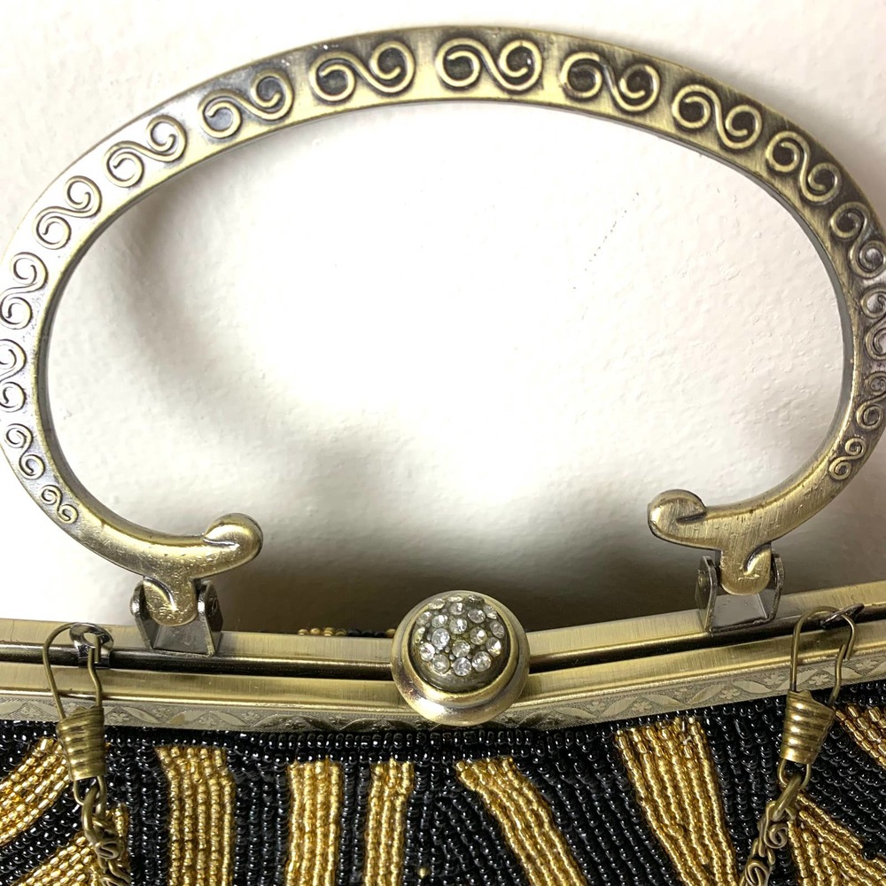 Vintage Gold Black Beaded Evening Purse Party Handbag With Chain Crossbody Strap - Picture 4 of 16